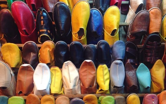 Background of colourful shoes in Morocco